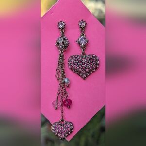 Betsey Johnson Perfectly Pave Pink Crystal Heart Asymmetrical Earrings